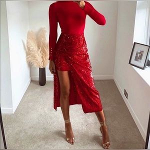 ZARA Red velvet sequin skirt